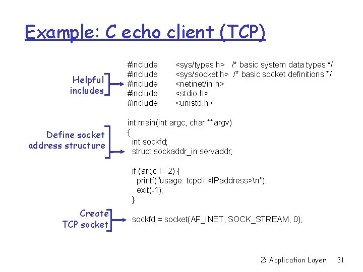 Example: C echo client (TCP) Helpful includes Define socket address structure #include #include <sys/types.