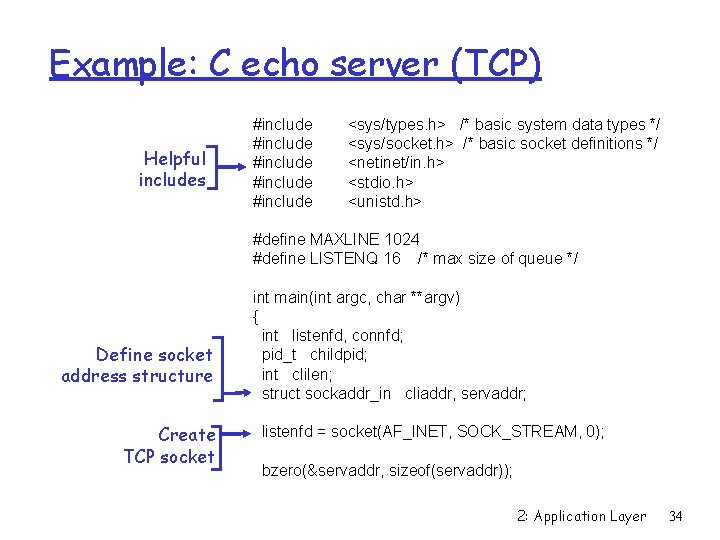 Example: C echo server (TCP) Helpful includes #include #include <sys/types. h> /* basic system