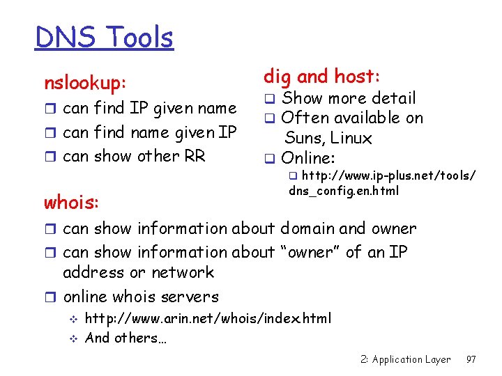 DNS Tools nslookup: r can find IP given name r can find name given