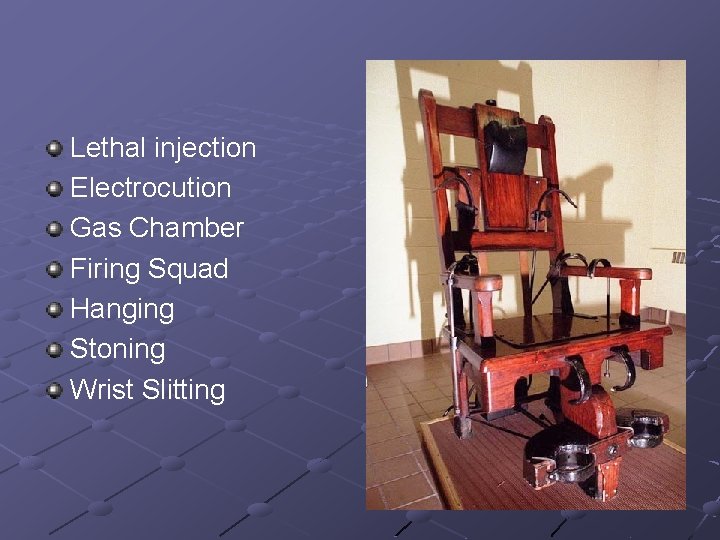 Lethal injection Electrocution Gas Chamber Firing Squad Hanging Stoning Wrist Slitting 