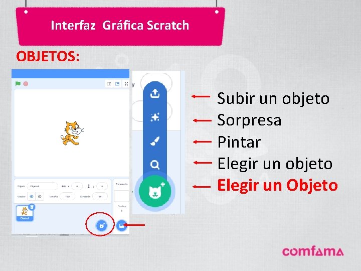 Interfaz Gráfica Scratch OBJETOS: Subir un objeto Sorpresa Pintar Elegir un objeto Elegir un Interfaz Gráfica Scratch OBJETOS: Subir un objeto Sorpresa Pintar Elegir un objeto Elegir un
