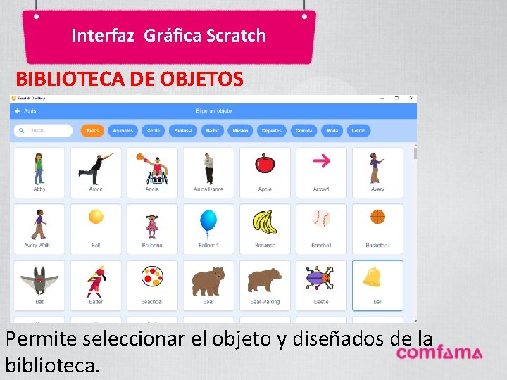 Interfaz Gráfica Scratch BIBLIOTECA DE OBJETOS Permite seleccionar el objeto y diseñados de la Interfaz Gráfica Scratch BIBLIOTECA DE OBJETOS Permite seleccionar el objeto y diseñados de la