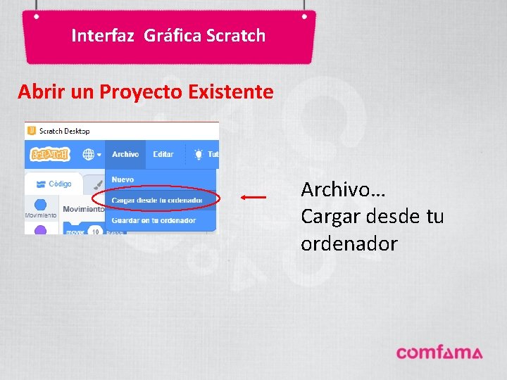 Interfaz Gráfica Scratch Abrir un Proyecto Existente Archivo… Cargar desde tu ordenador Interfaz Gráfica Scratch Abrir un Proyecto Existente Archivo… Cargar desde tu ordenador