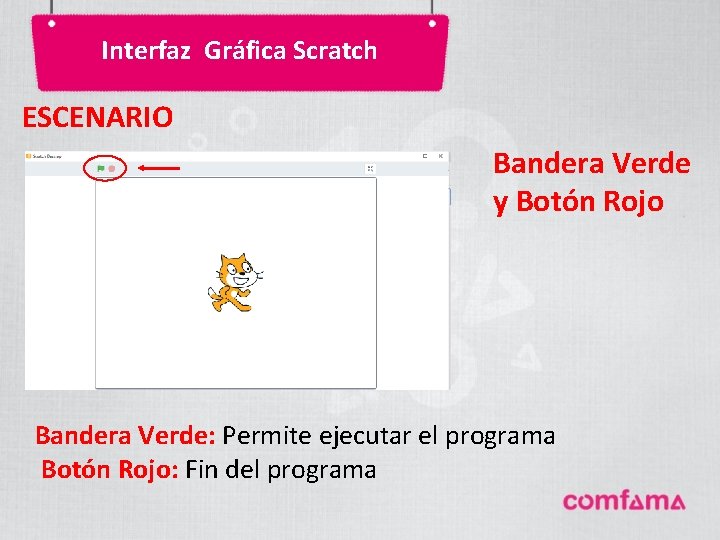 Interfaz Gráfica Scratch ESCENARIO Bandera Verde y Botón Rojo Bandera Verde: Permite ejecutar el Interfaz Gráfica Scratch ESCENARIO Bandera Verde y Botón Rojo Bandera Verde: Permite ejecutar el