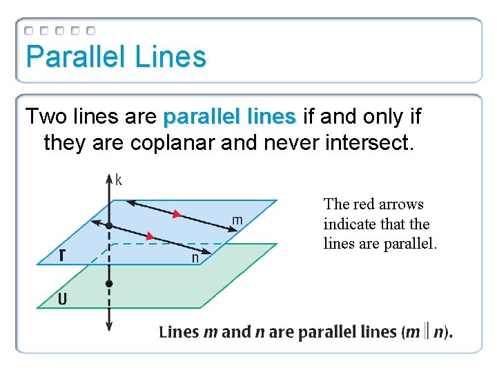 Parallel Lines Two lines are parallel lines if and only if they are coplanar