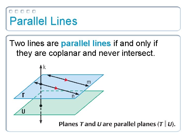 Parallel Lines Two lines are parallel lines if and only if they are coplanar