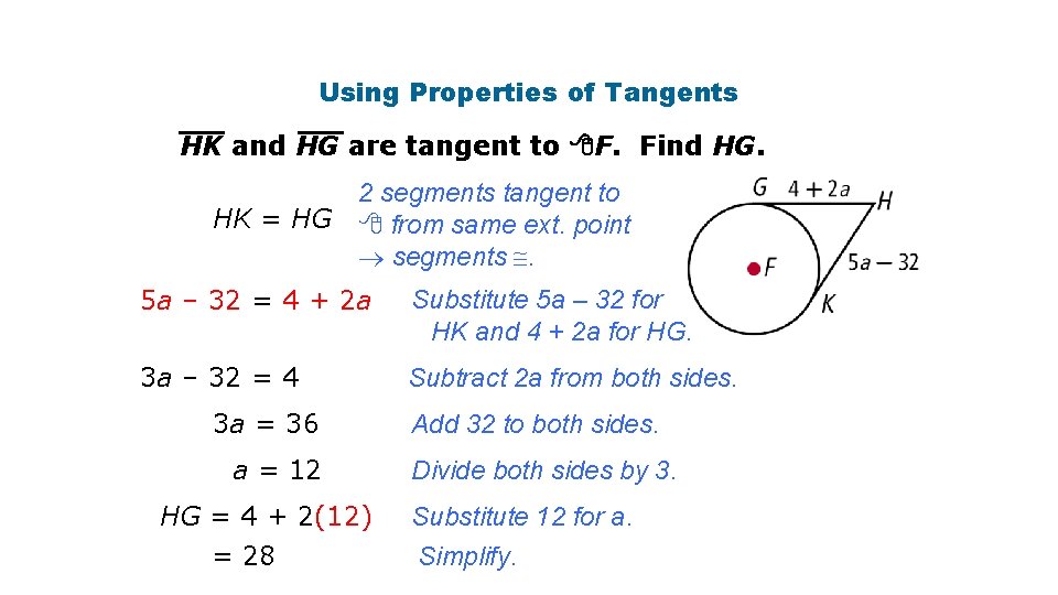 Using Properties of Tangents HK and HG are tangent to F. Find HG. HK