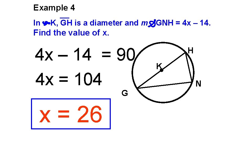 Example 4 In K, GH is a diameter and m GNH = 4 x