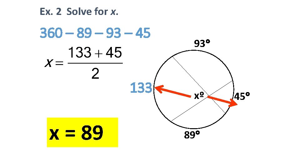 Ex. 2 Solve for x. 360 – 89 – 93 – 45 133 x