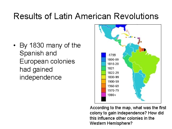 Results of Latin American Revolutions • By 1830 many of the Spanish and European