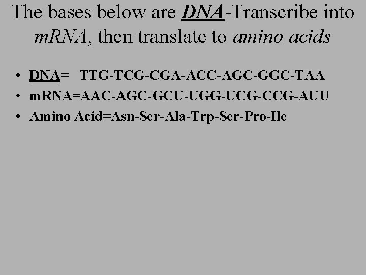 The bases below are DNA-Transcribe into m. RNA, then translate to amino acids •