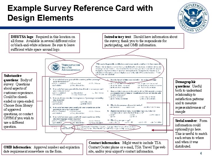 Example Survey Reference Card with Design Elements DHS/TSA logo: Required in this location on