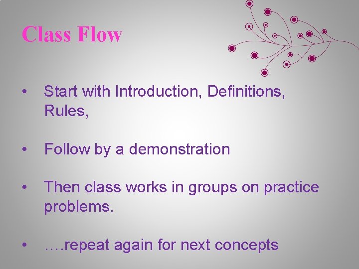 Class Flow • Start with Introduction, Definitions, Rules, • Follow by a demonstration •