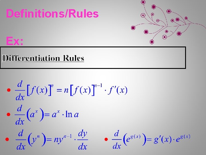 Definitions/Rules Ex: Differentiation Rules 