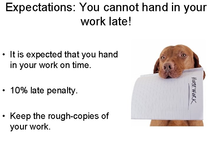 Expectations: You cannot hand in your work late! • It is expected that you