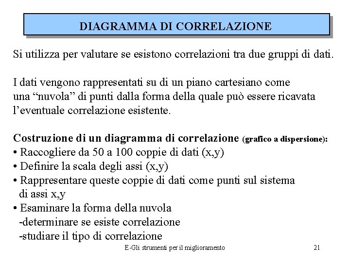 DIAGRAMMA DI CORRELAZIONE Si utilizza per valutare se esistono correlazioni tra due gruppi di