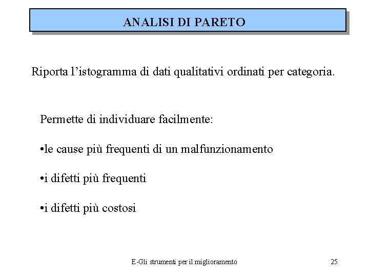 ANALISI DI PARETO Riporta l’istogramma di dati qualitativi ordinati per categoria. Permette di individuare