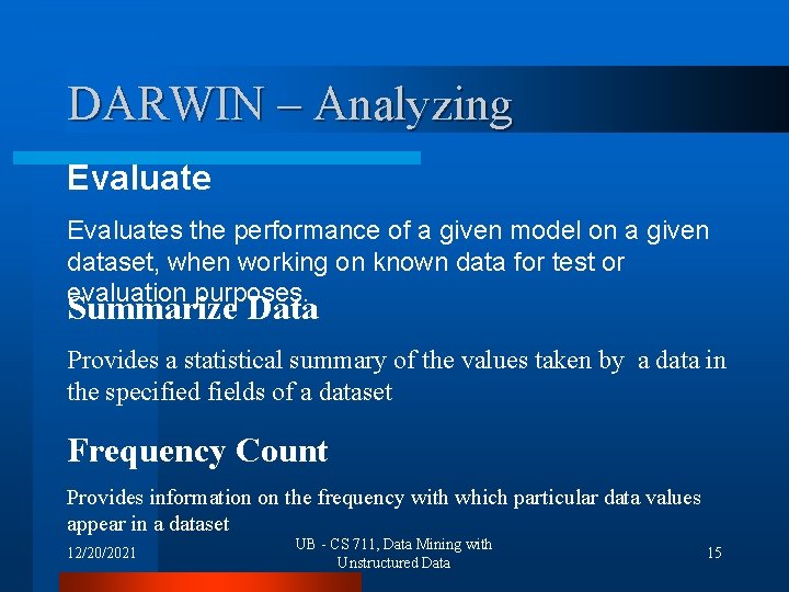 DARWIN – Analyzing Evaluates the performance of a given model on a given dataset,