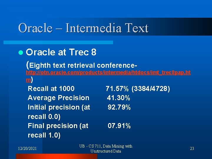 Oracle – Intermedia Text l Oracle at Trec 8 (Eighth text retrieval conference- http: