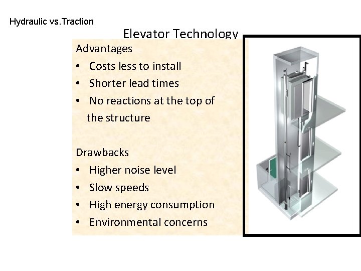 Hydraulic vs. Traction Elevator Technology Advantages • Costs less to install • Shorter lead