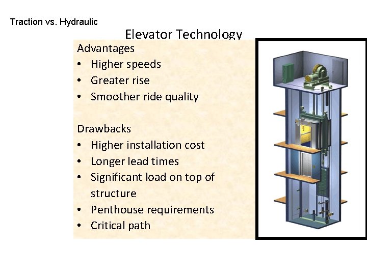 Traction vs. Hydraulic Elevator Technology Advantages • Higher speeds • Greater rise • Smoother