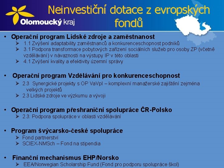 Neinvestiční dotace z evropských fondů • Operační program Lidské zdroje a zaměstnanost Ø 1.