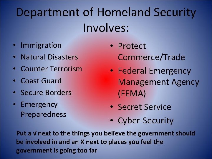 Department of Homeland Security Involves: • • • Immigration Natural Disasters Counter Terrorism Coast