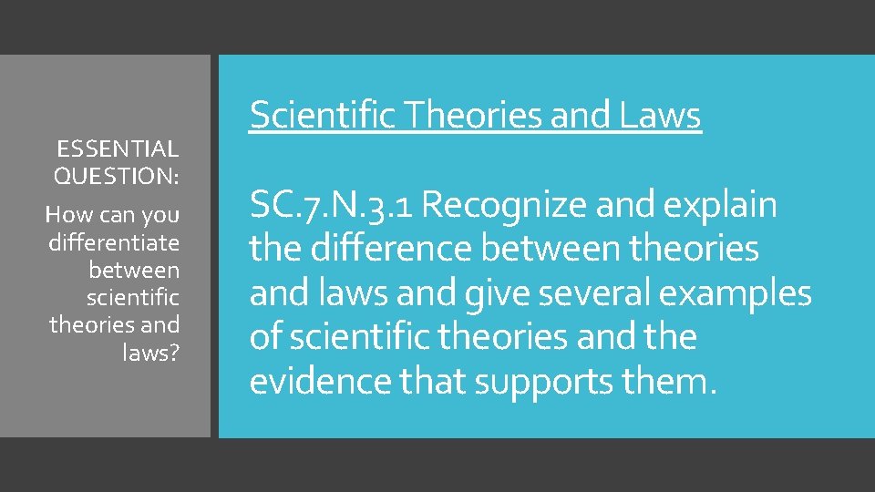 ESSENTIAL QUESTION: How can you differentiate between scientific theories and laws? Scientific Theories and