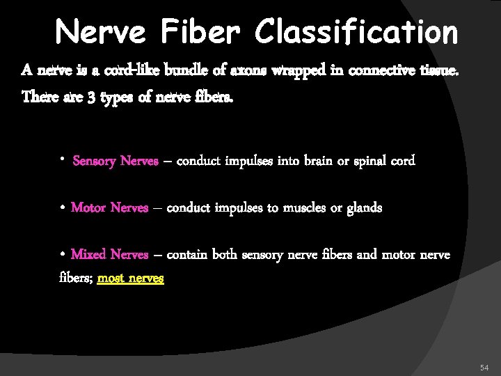 Nerve Fiber Classification A nerve is a cord-like bundle of axons wrapped in connective