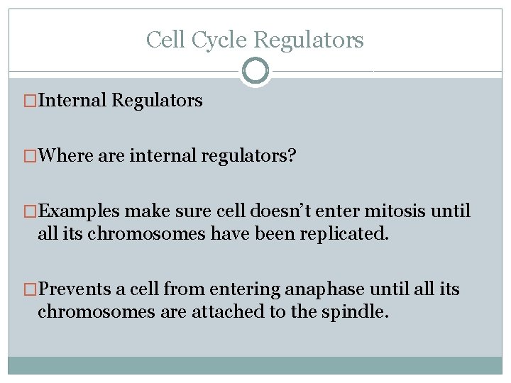 Cell Cycle Regulators �Internal Regulators �Where are internal regulators? �Examples make sure cell doesn’t