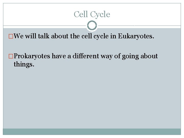 Cell Cycle �We will talk about the cell cycle in Eukaryotes. �Prokaryotes have a