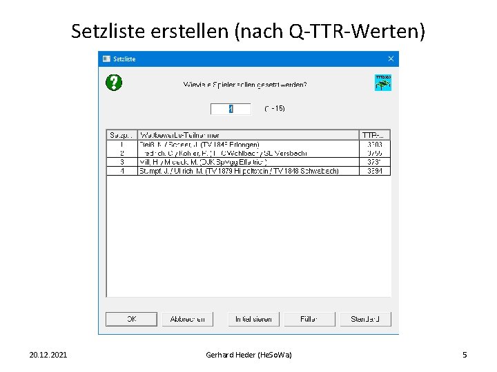 Setzliste erstellen (nach Q-TTR-Werten) 20. 12. 2021 Gerhard Heder (He. So. Wa) 5 