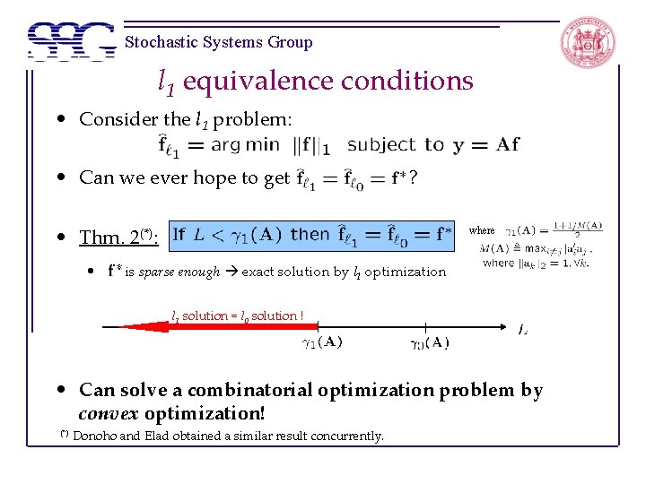Stochastic Systems Group l 1 equivalence conditions • Consider the l 1 problem: • Stochastic Systems Group l 1 equivalence conditions • Consider the l 1 problem: •