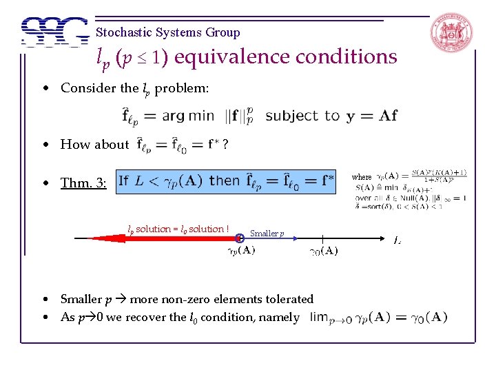 Stochastic Systems Group lp (p ≤ 1) equivalence conditions • Consider the lp problem: Stochastic Systems Group lp (p ≤ 1) equivalence conditions • Consider the lp problem: