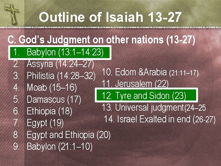 Outline of Isaiah 13 -27 C. God’s Judgment on other nations (13 -27) 1.