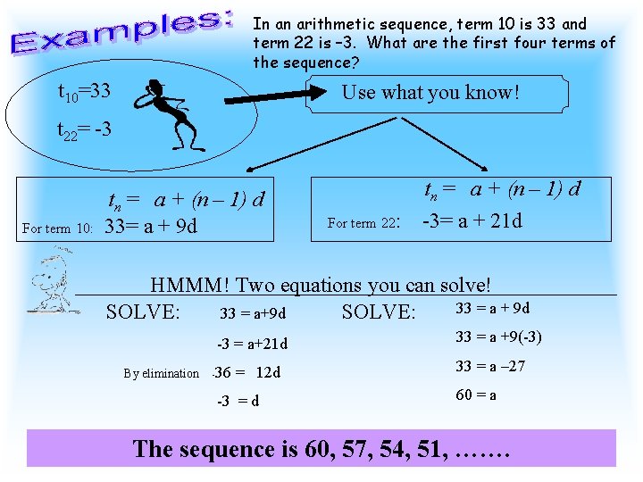 In an arithmetic sequence, term 10 is 33 and term 22 is – 3.