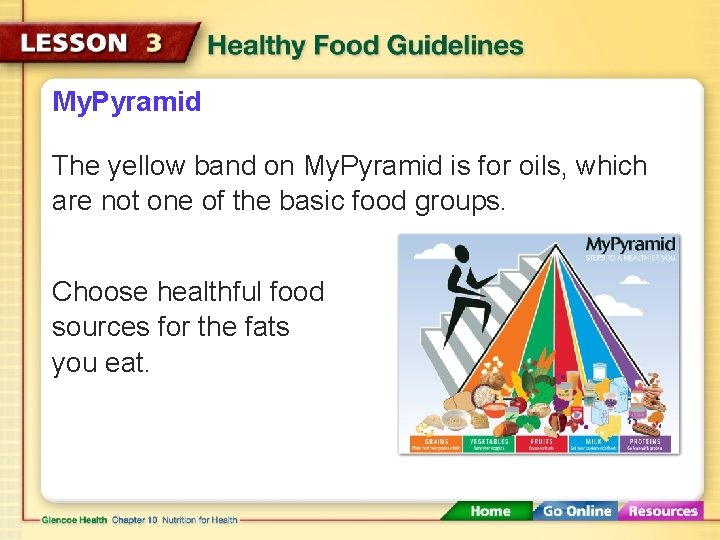 My. Pyramid The yellow band on My. Pyramid is for oils, which are not My. Pyramid The yellow band on My. Pyramid is for oils, which are not