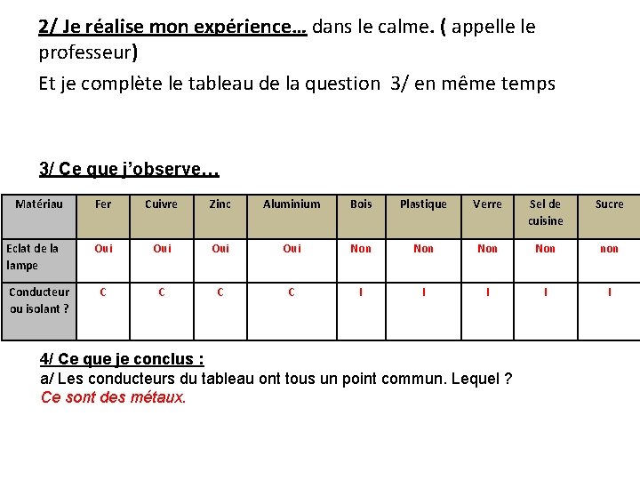 2/ Je réalise mon expérience… dans le calme. ( appelle le professeur) Et je