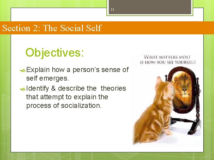 11 Section 2: The Social Self Objectives: Explain how a person’s sense of self