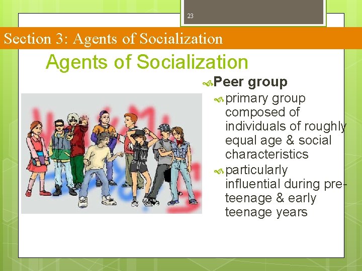 23 Section 3: Agents of Socialization Peer group primary group composed of individuals of