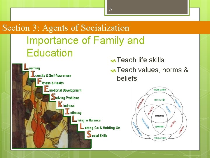 27 Section 3: Agents of Socialization Importance of Family and Education Teach life skills