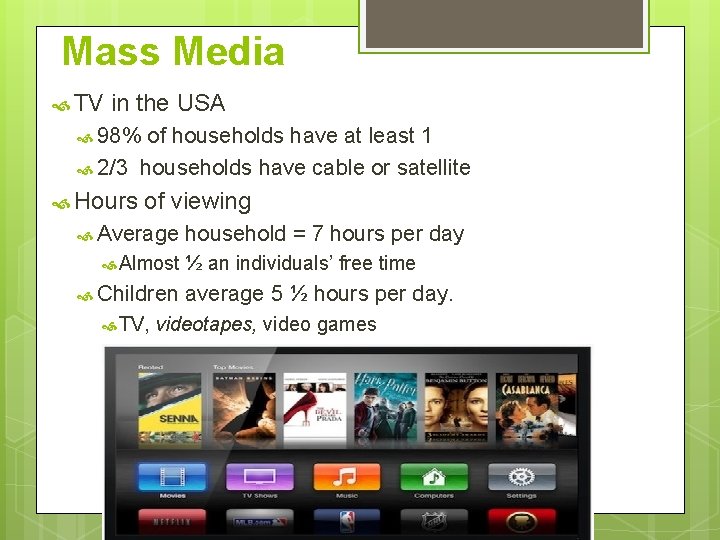 Mass Media TV in the USA 98% of households have at least 1 2/3