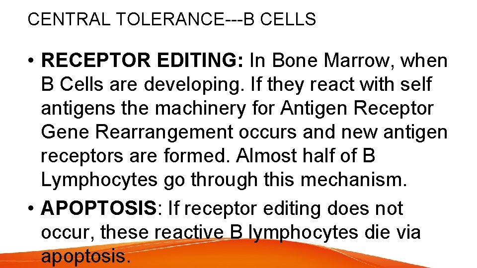 CENTRAL TOLERANCE---B CELLS • RECEPTOR EDITING: In Bone Marrow, when B Cells are developing.