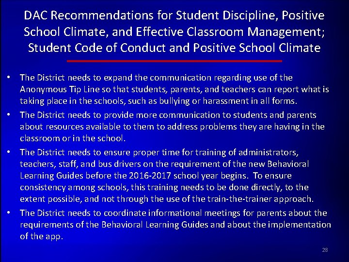 DAC Recommendations for Student Discipline, Positive School Climate, and Effective Classroom Management; Student Code