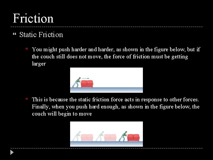 Friction Static Friction You might push harder and harder, as shown in the figure
