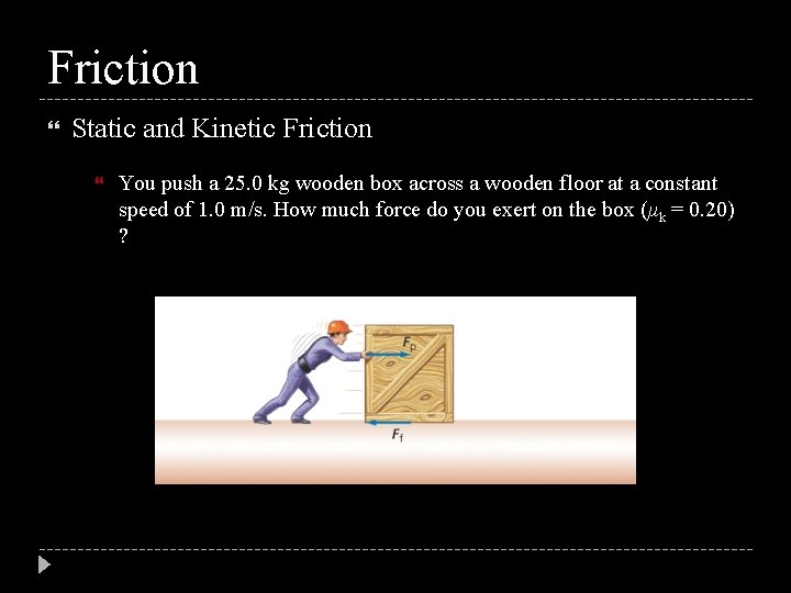 Friction Static and Kinetic Friction You push a 25. 0 kg wooden box across