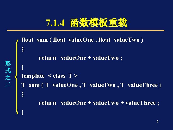 7. 1. 4 函数模板重载 形 式 之 二 float sum ( float value. One
