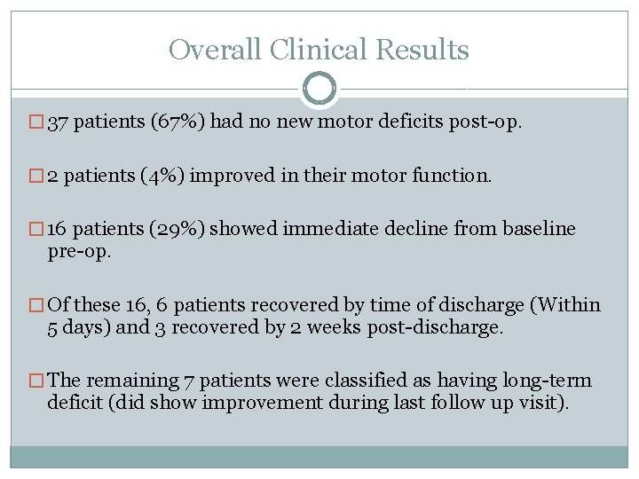 Overall Clinical Results � 37 patients (67%) had no new motor deficits post-op. �