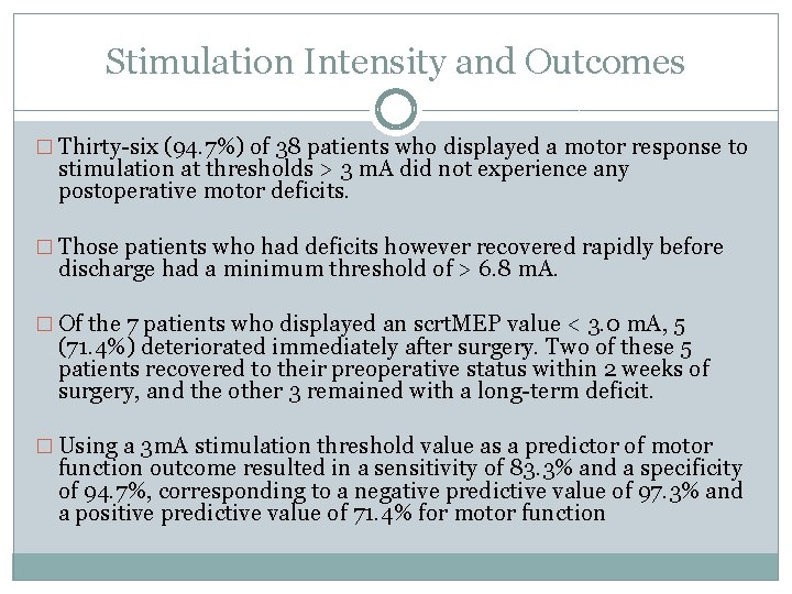 Stimulation Intensity and Outcomes � Thirty-six (94. 7%) of 38 patients who displayed a