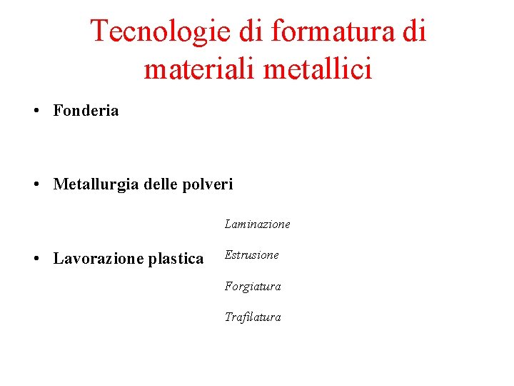 Tecnologie di formatura di materiali metallici • Fonderia • Metallurgia delle polveri Laminazione •